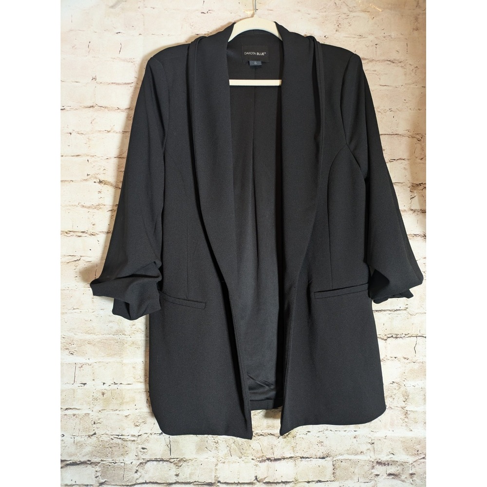 Dakota Blue Crepe Blazer Large Black Long Line Open Front Ruched Slouchy Sleeves